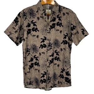 Jogal Floral Button Up Shirt Men M Beige Black Short Sleeve Cotton Viscose Blend